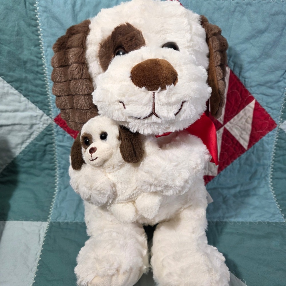 Hugfun International Puppy Dog Plush White Brown Spotted Mother and Baby 16 Inch